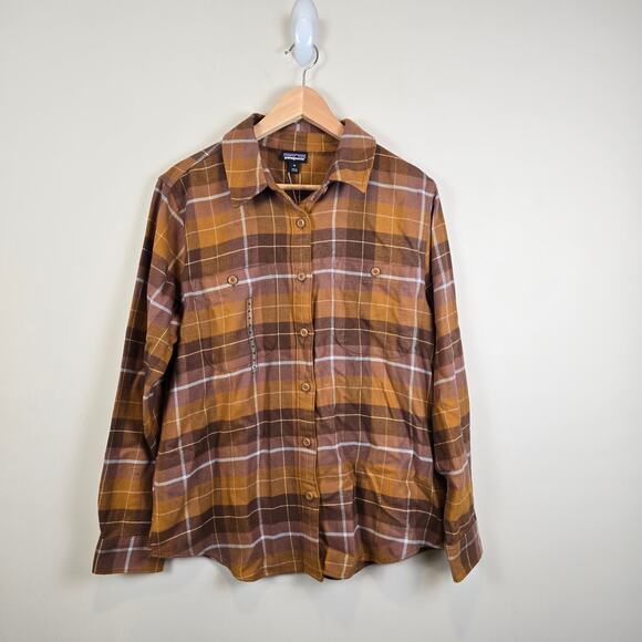 Patagonia Womens Size M Fjord Flannel Shirt Happy Camper Shelter Brown 42406
